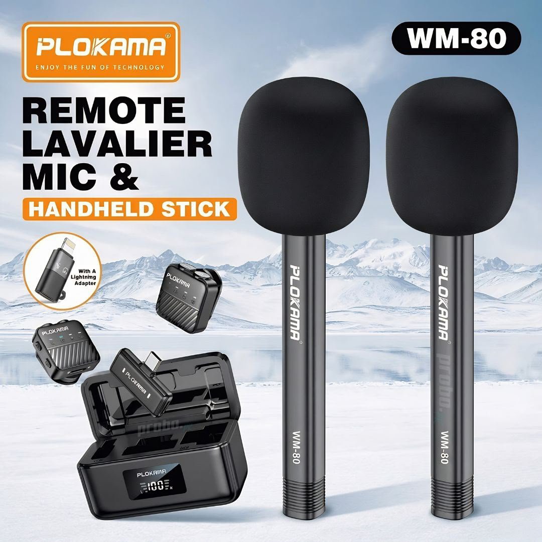 Plokama WM-80 Wireless Dual Microphone with Handheld Stick & Charging Case