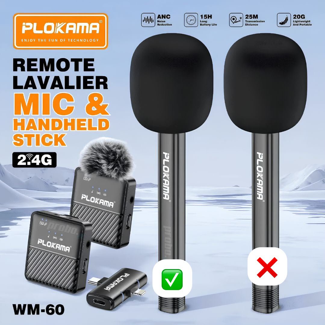 Plokama WM-60 Wireless Dual Microphone with Single Handheld Stick for Android & iPhone