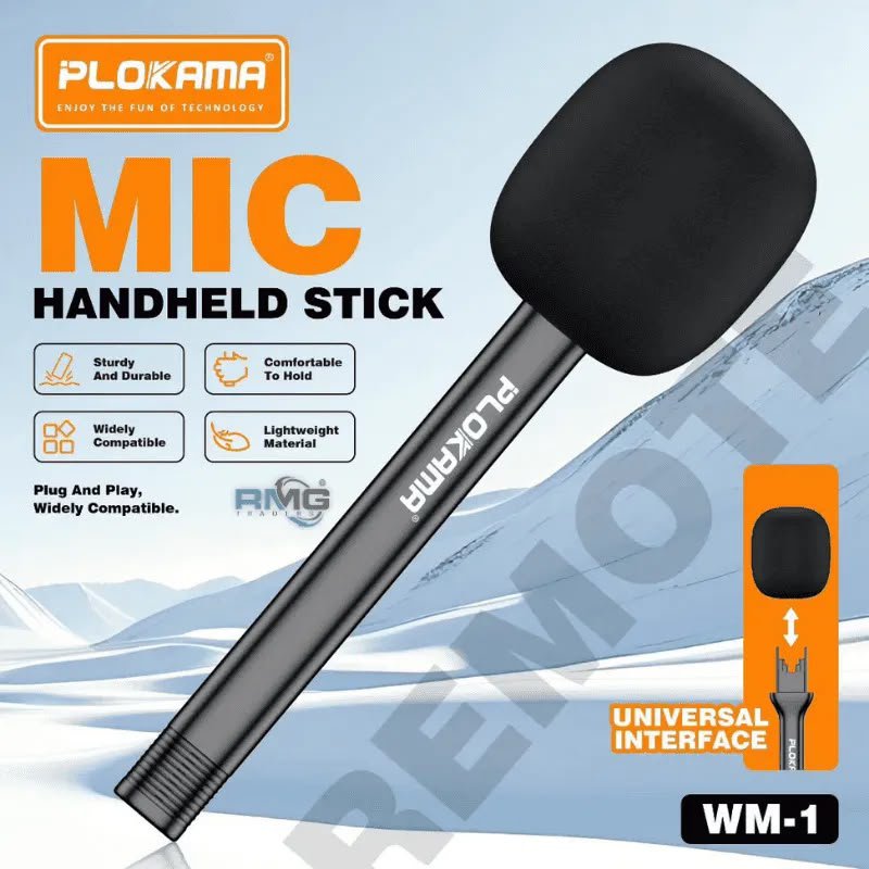 Plokama WM1 Microphone Handle – Handheld Interview Stick with Windproof Cover (Mic Not Included)
