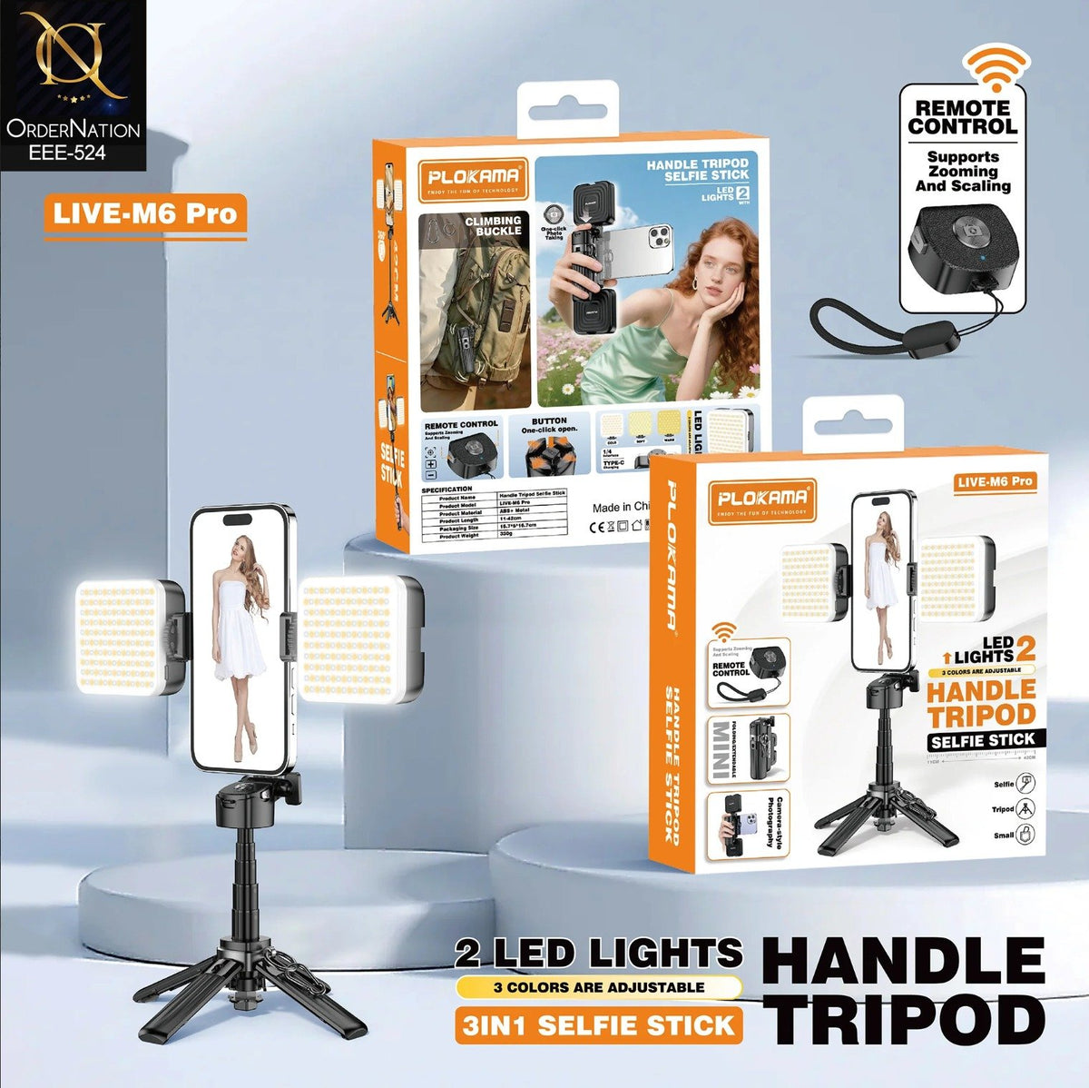 PLOKAMA LIVE-M6 Pro 3-in-1 Handle Tripod Selfie Stick with 2 LED Lights, Adjustable 3-Color Lighting, Remote Shutter & Phone Holder for Vlogging, Reels, Live Streaming & Photography