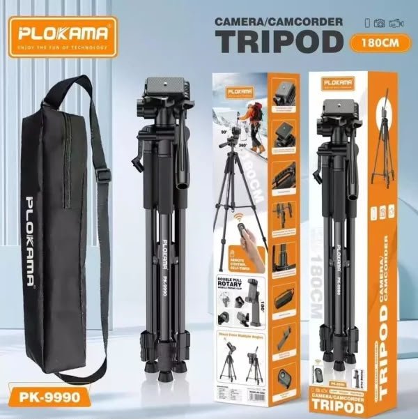 PLOKAMA PK 9990 Tripod 180 CM: Professional Camera and Camcorder Stand, Compatible with Mobile Phones for Photography and Video Recording