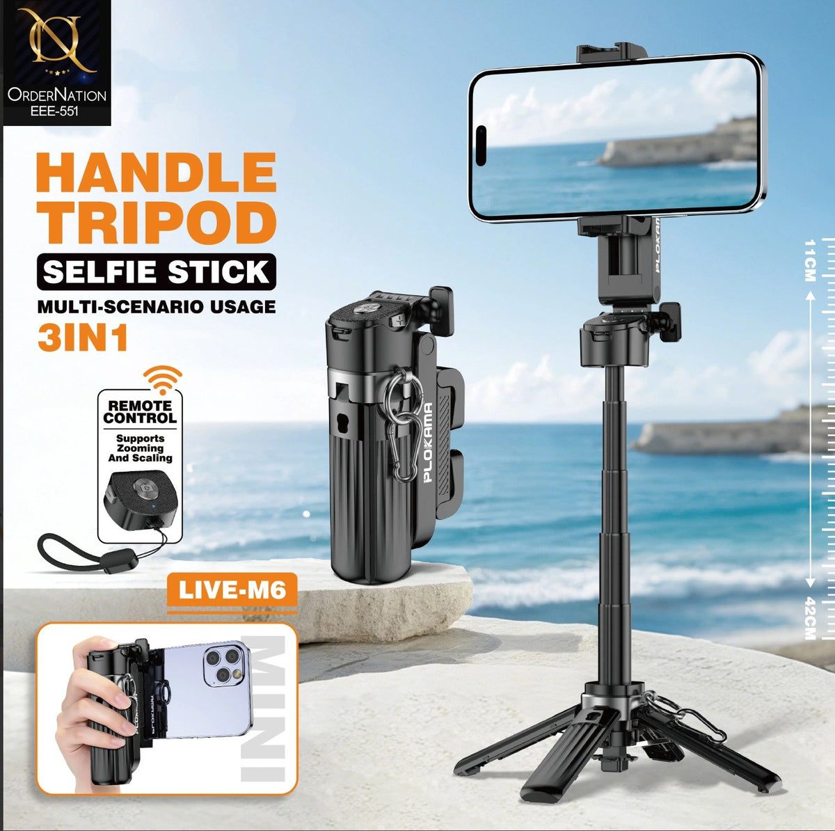 PLOKAMA LIVE-M6 3-in-1 Handle Tripod Selfie Stick with Wireless Remote Control, Zoom Support, Adjustable Phone Holder Adapter, Extendable Stand for Vlogging, Live Streaming, Travel, Photography & Video Recording