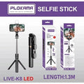 Plokama K8 LED 4in1 Multifunctional LED Selfie Stick Live Broadcast Stand 1.3M Tripod with Bluetooth Remote Control