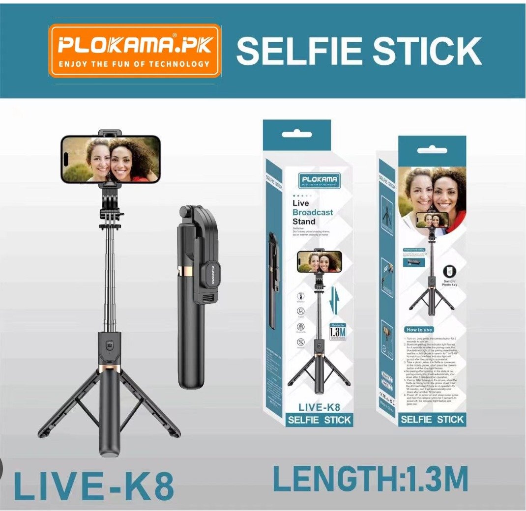 Plokama Live K8 130CM Original 3-in-1 Selfie Stick Tripod with Bluetooth Remote – 130cm Extendable Live Broadcast Mobile Stand, 360° Rotation for Vlogging & Group Photos