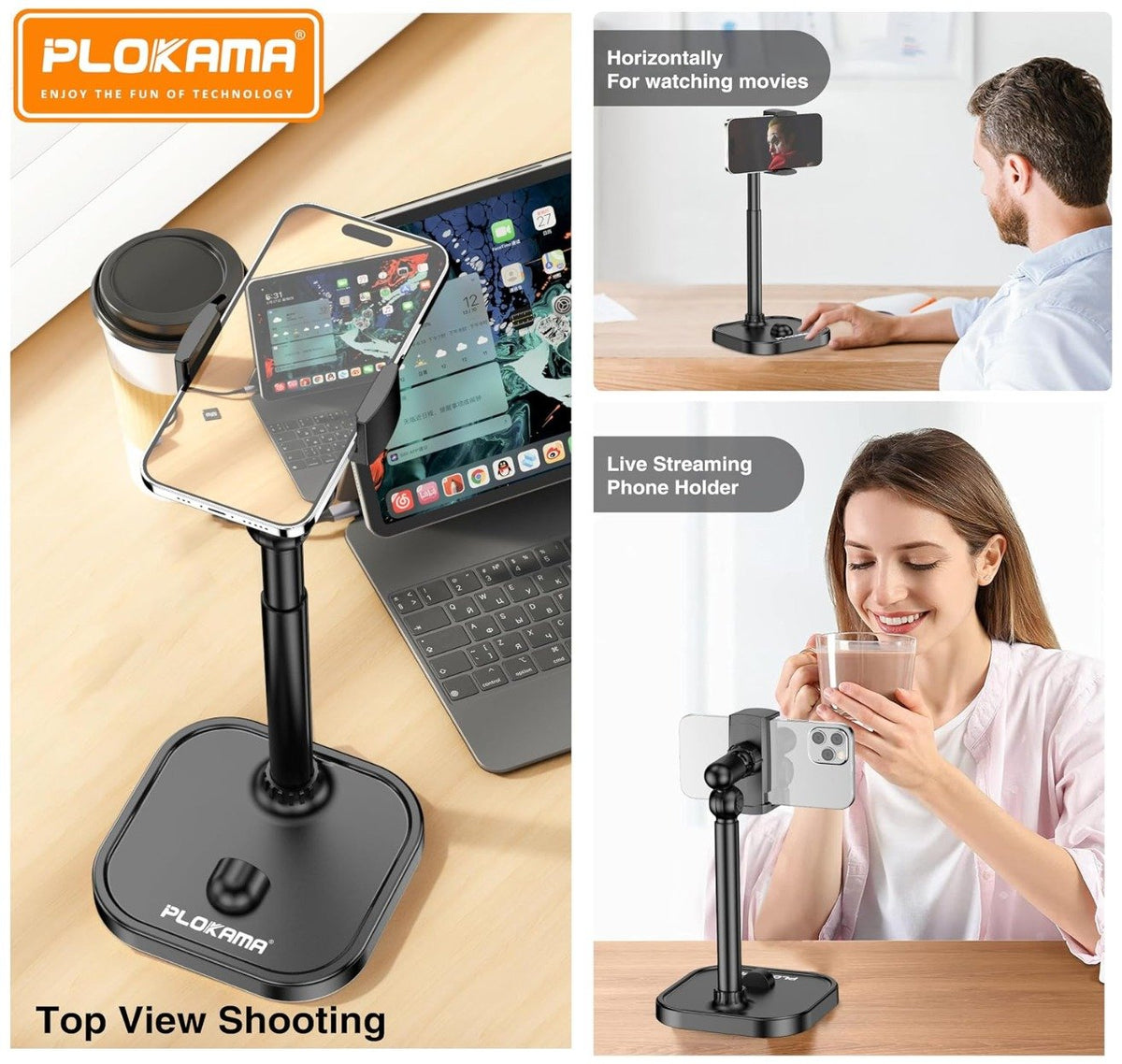 Plokama DT-80 Tabletop Phone & Tablet Holder – Adjustable 360° Rotating Stand for Hands-Free Viewing, Live Streaming, Desk & Office Use