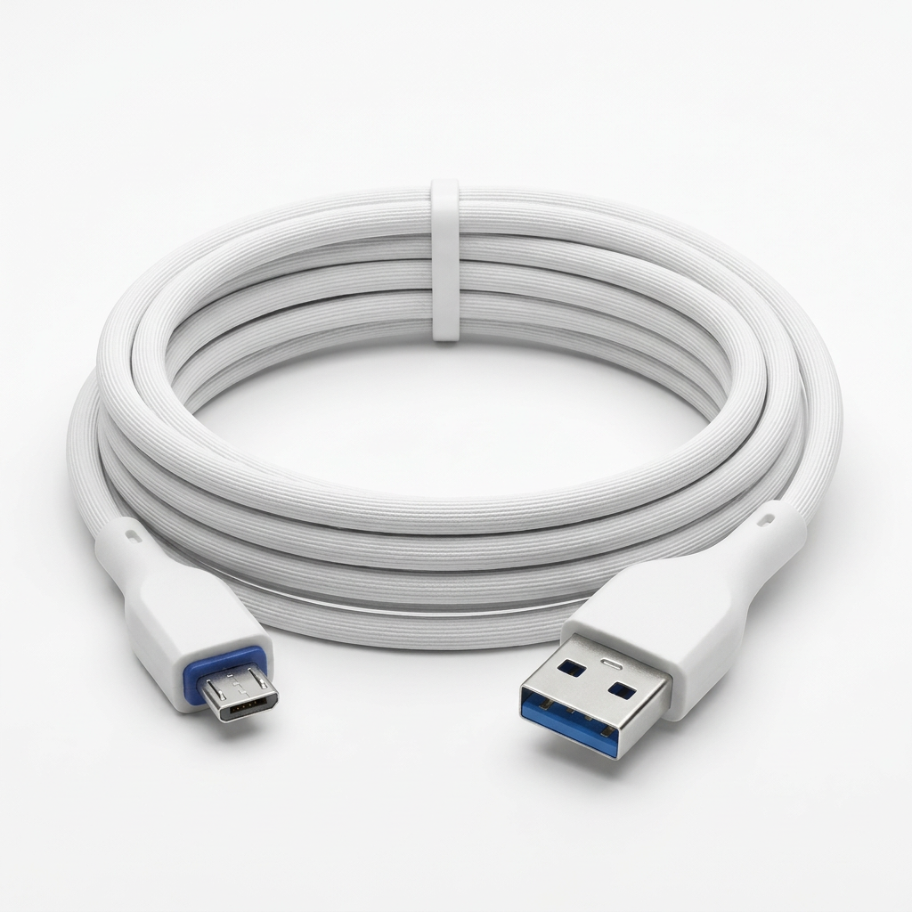 White USB-A to Micro-USB charging cable, front view