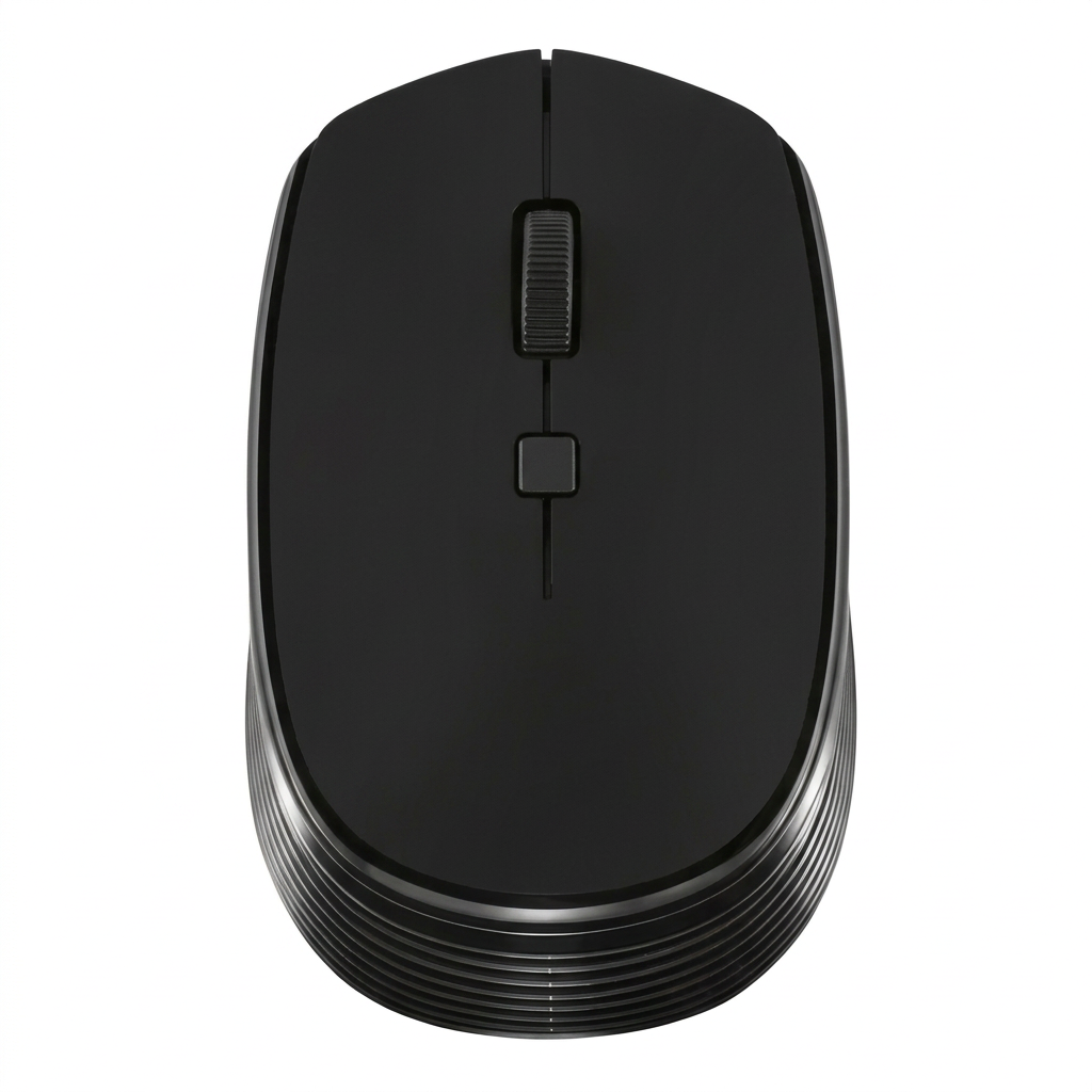 Black mouse with rectangular top button and ribbed rear trim, top view