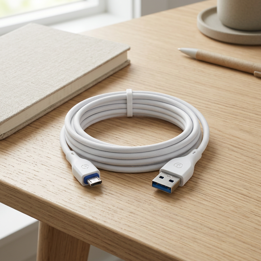 White charging cable on a desk