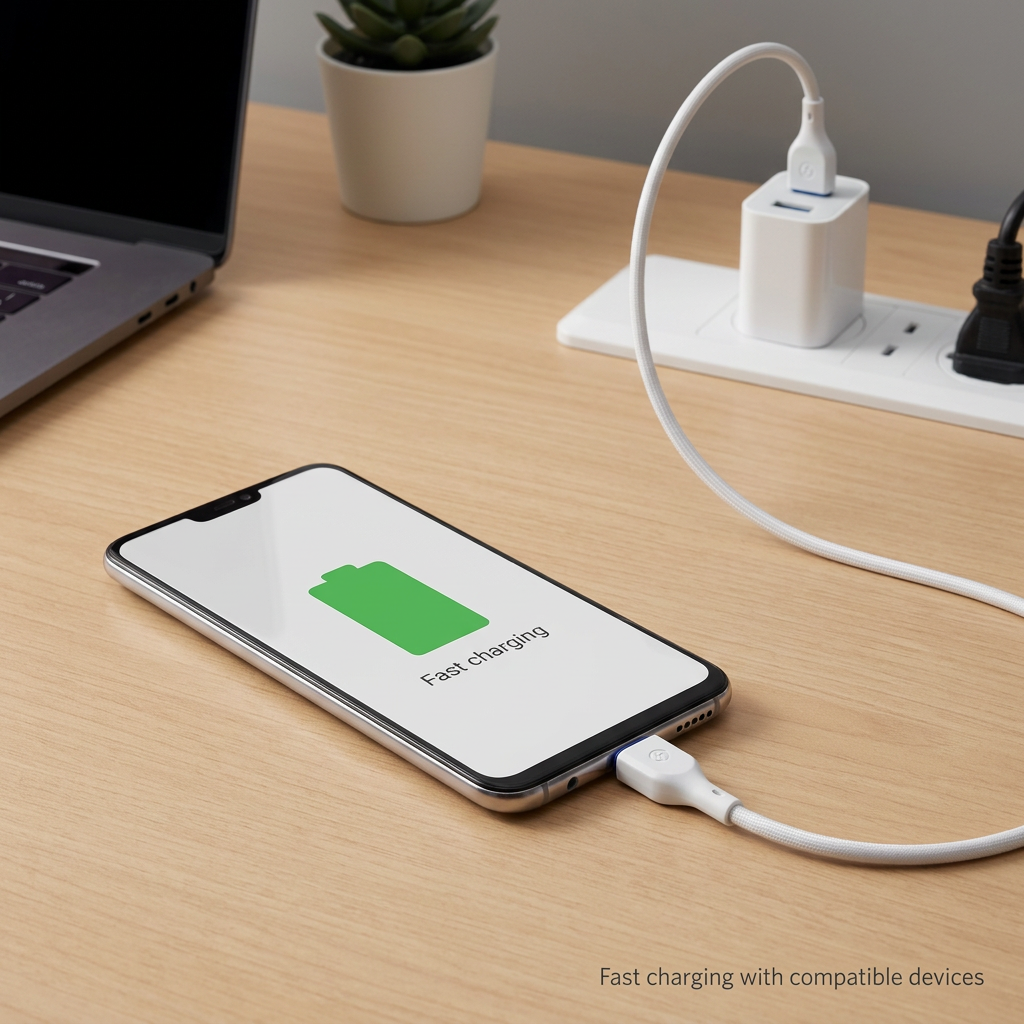 White Micro-USB cable connected to a phone displaying fast charging