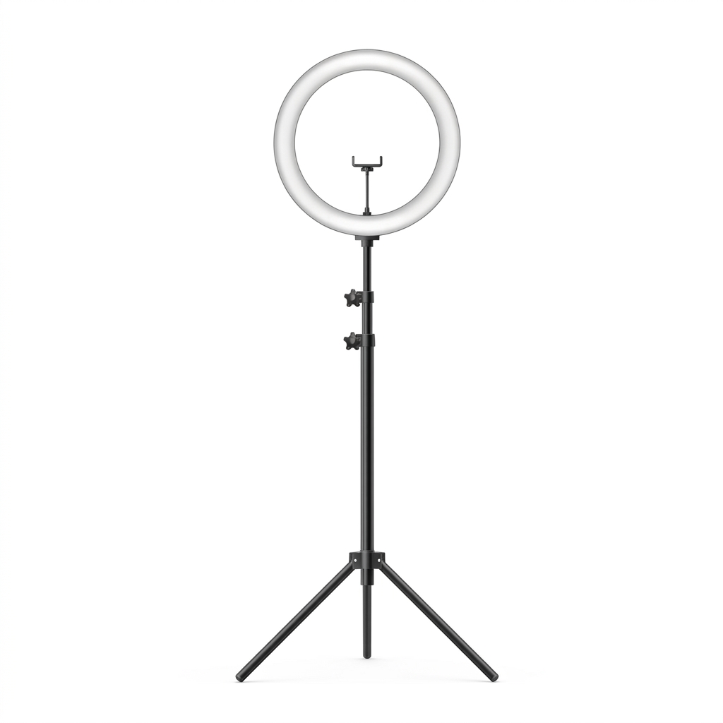 Ring light with black tripod stand and central phone holder, front view
