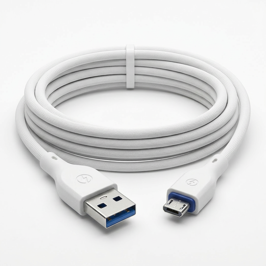 White Micro-USB charging cable, rear angle