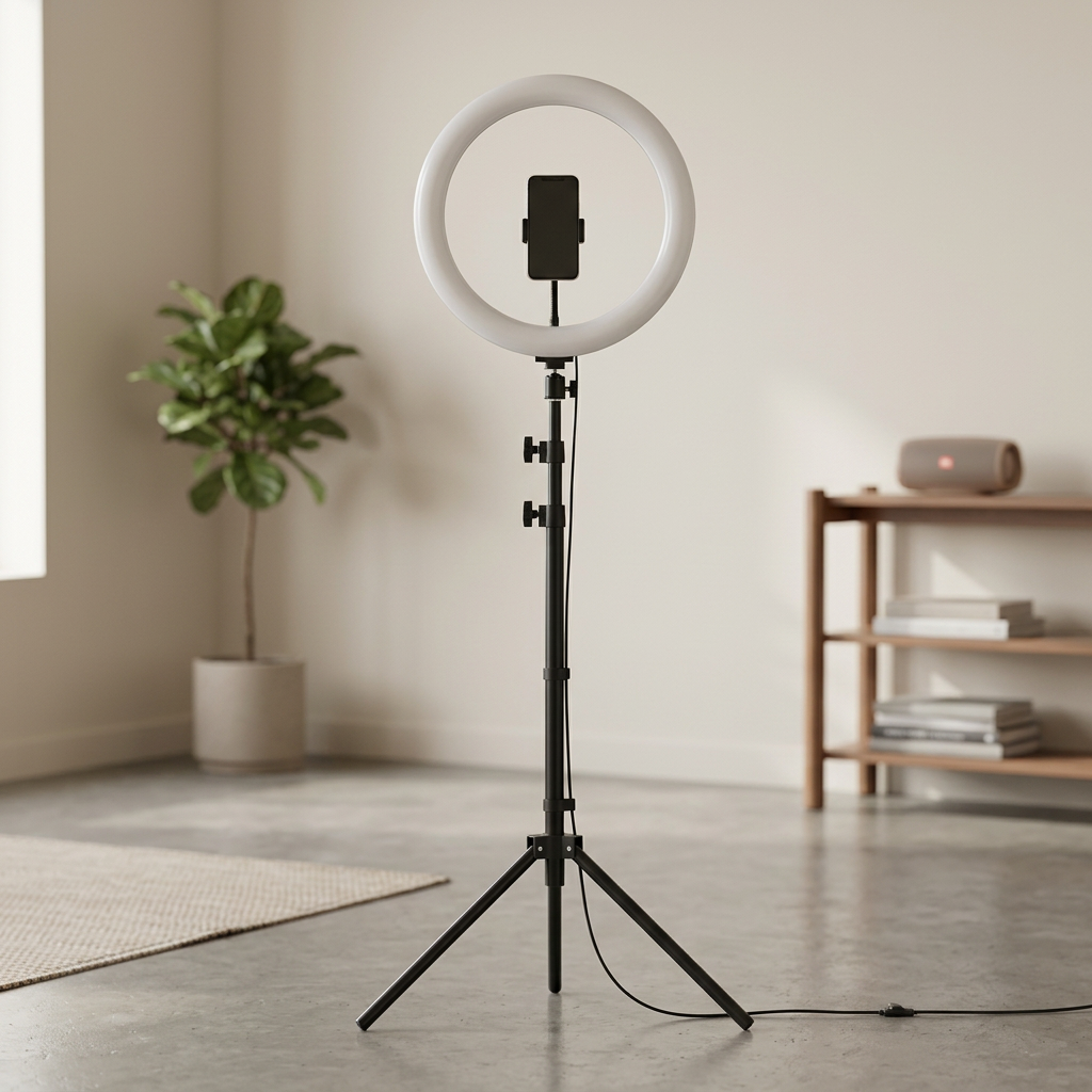 Ring light tripod setup with demonstration phone in a room