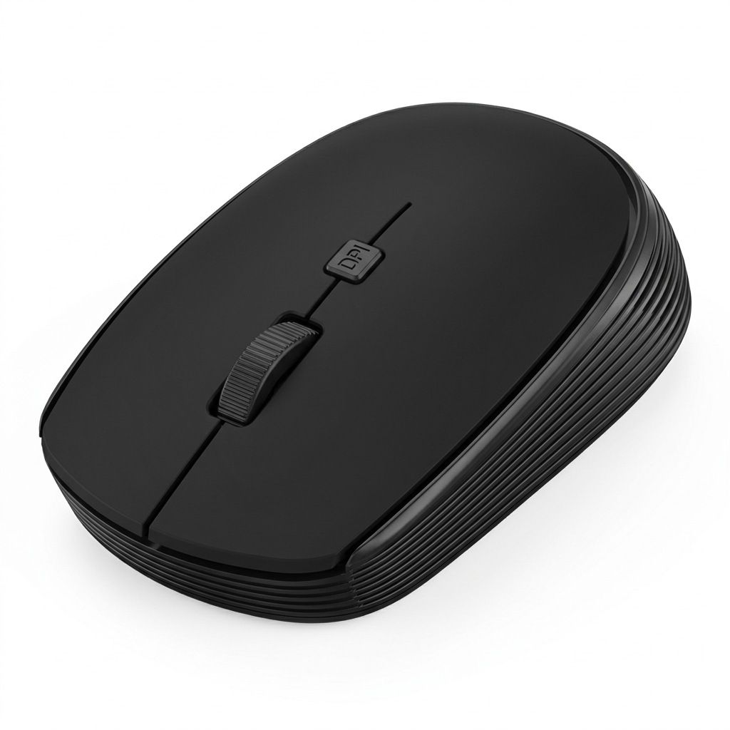 Black mouse with flatter rounded top, angled view