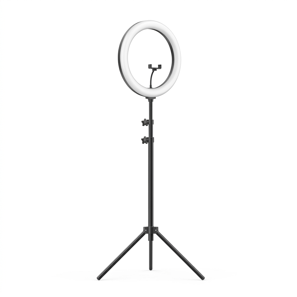 Ring light and tripod stand, angled view