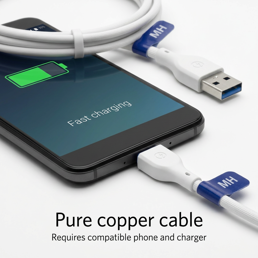 Close-up of white charging cable connected to compatible phone with fast-charging display