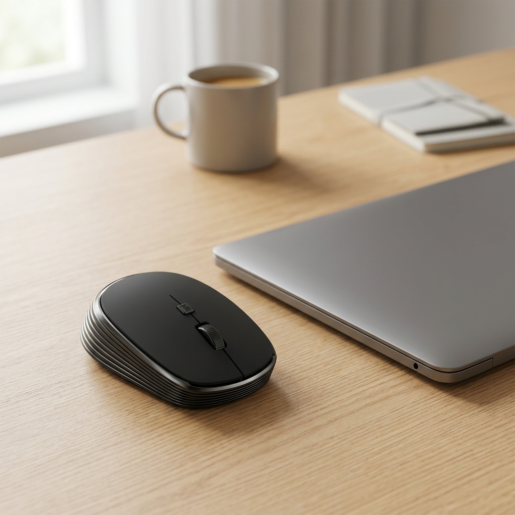 Black mouse with ribbed rear trim beside a laptop