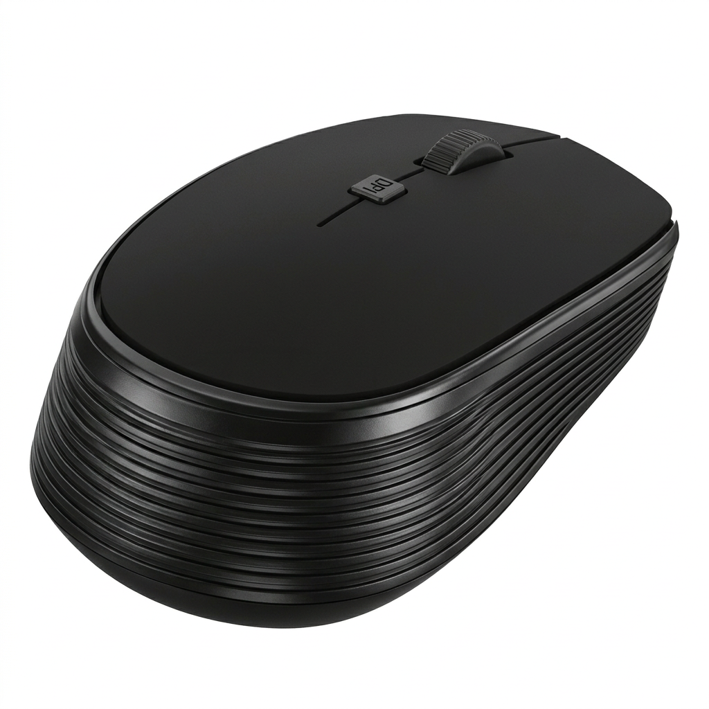 Black mouse showing layered ribbed rear trim